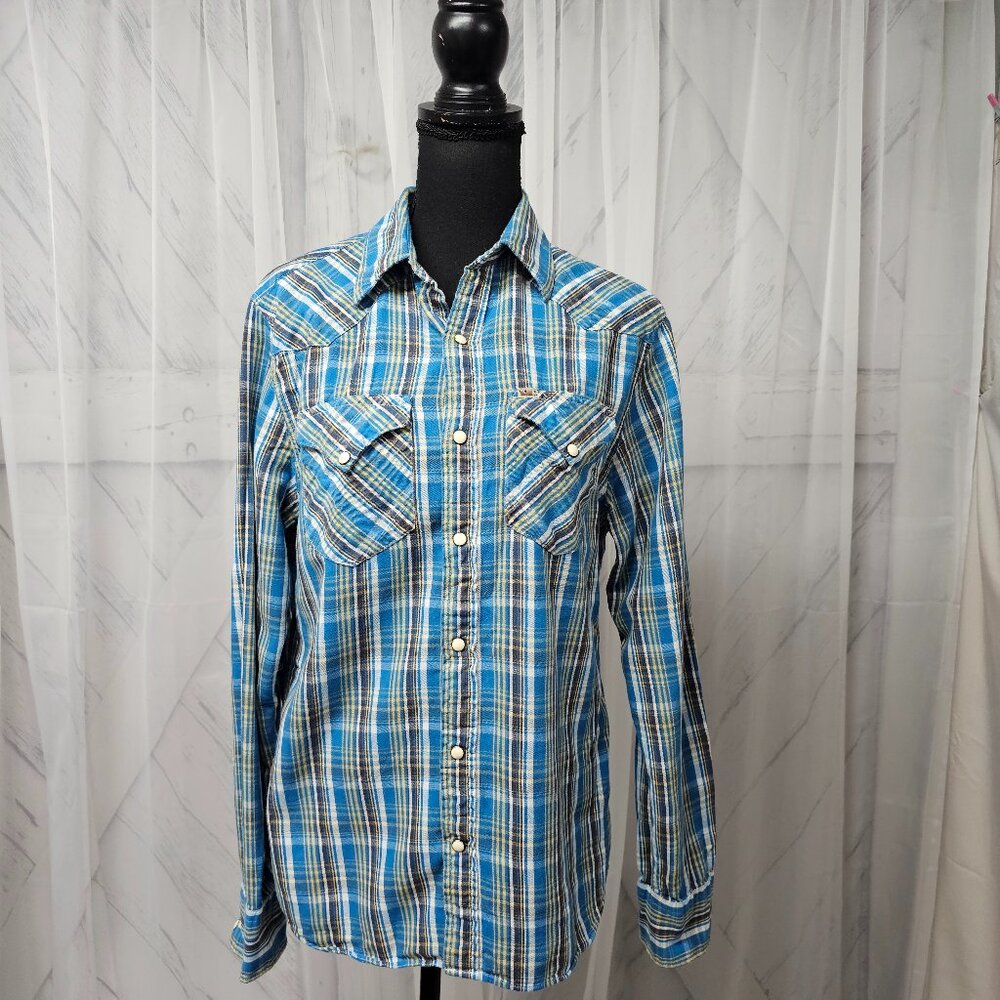 Ralph Lauren Blue Plaid Unisex Pearl Snap Western Slim Fit Shirt Size M